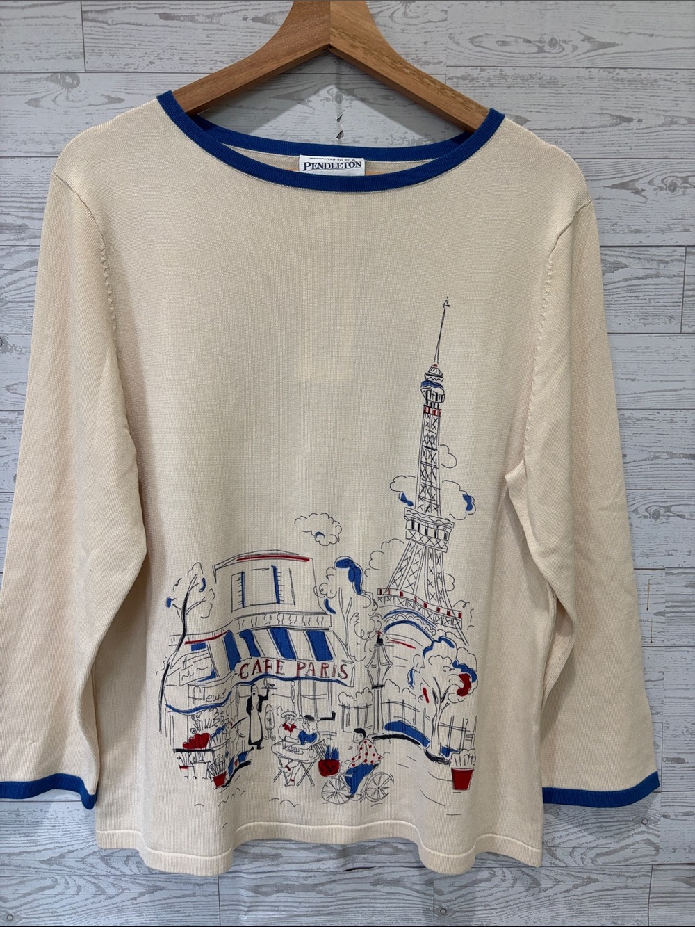 Pendleton Silk Sweater Paris Cafe European Market Graphic vacation large NWT